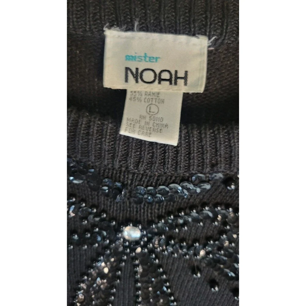 Vintage Mister Noah Black Sequin Beaded Bow Sweater Dress L Ramie Cotton 80s 90s